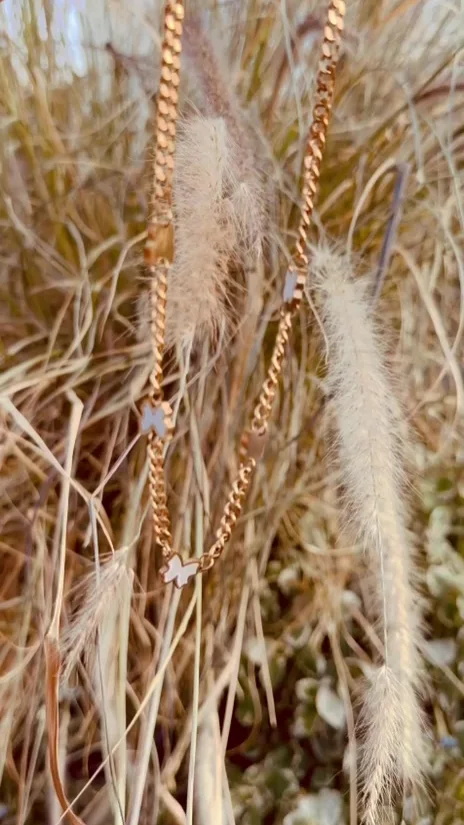 Le collier Céleste et ses papillons de nacre suspendus dans des herbes sèches, au soleil